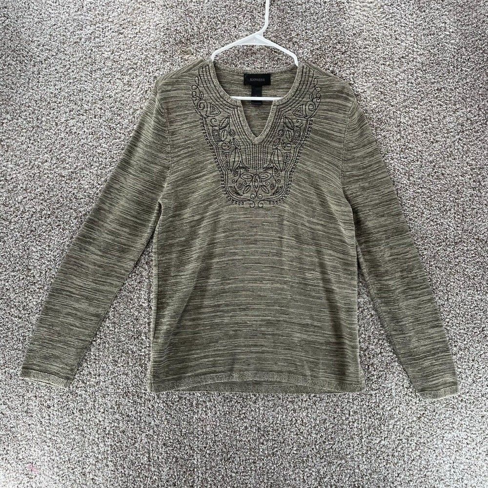 Express Sweater Womens Small Tan V Neck Casual Cotton Preppy Pullover Sweatshirt